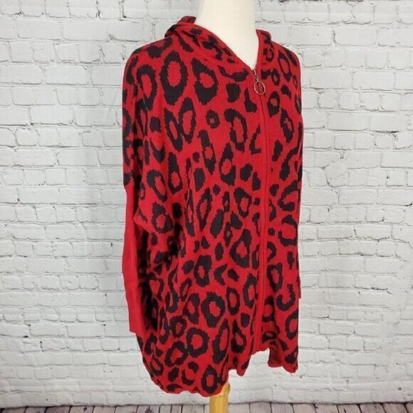 JOSEPH A Modern Leopard Hooded Zip Front Sweater M NWT Red Black - Picture 4 of 8